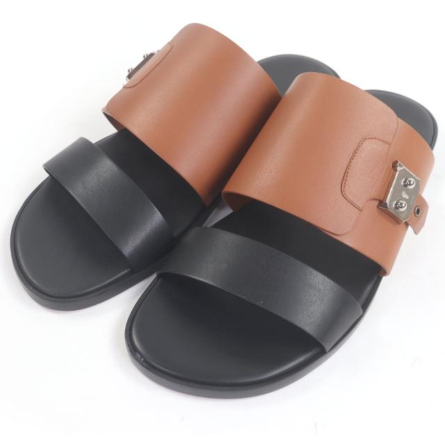 未使用品□HERMES エルメス レザー サックアデペッシュ金具 シャワーサンダル スライドサンダル ブラック ブラウン 41 箱・保存袋付き