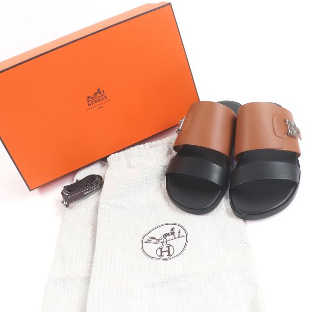 未使用品□HERMES エルメス レザー サックアデペッシュ金具 シャワーサンダル スライドサンダル ブラック ブラウン 41 箱・保存袋付き_1