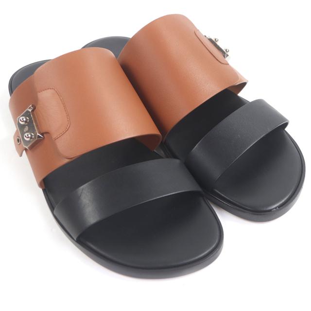未使用品□HERMES エルメス レザー サックアデペッシュ金具 シャワーサンダル スライドサンダル ブラック ブラウン 41 箱・保存袋付き_2