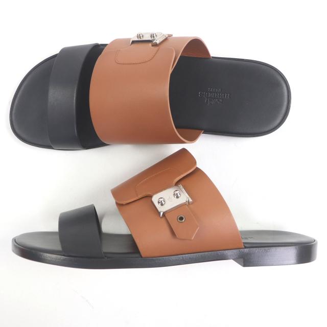 未使用品□HERMES エルメス レザー サックアデペッシュ金具 シャワーサンダル スライドサンダル ブラック ブラウン 41 箱・保存袋付き_3