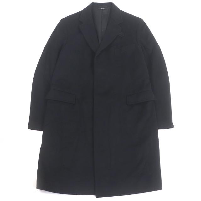 極美品□HERMES エルメス カシミヤ100％ 襟裏ラムレザー フライフロント チェスターコート ロングコート ブラック 54 イタリア製 メンズ