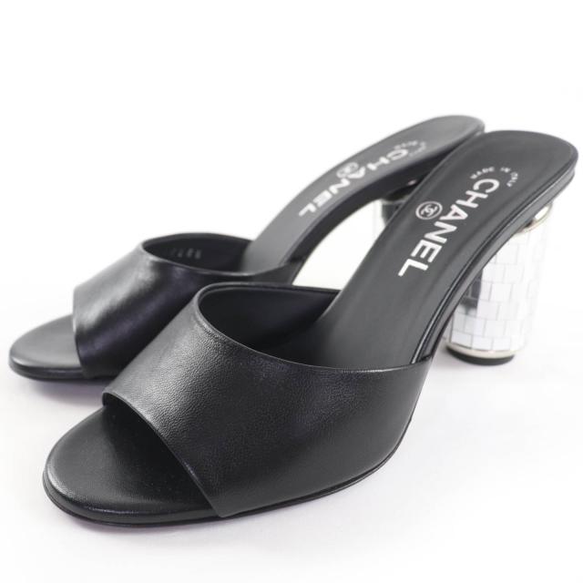 未使用品☆CHANEL シャネル G45358 ココマーク ミラーヒール レザー サンダル ブラック シルバー 37 箱・保存袋付 イタリア製 レディース