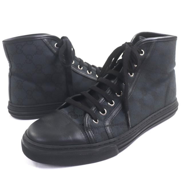 極美品▼GUCCI グッチ 426188 GGキャンバス レザー レースアップ ハイカットスニーカー シューズ ブラック 6.5 イタリア製 メンズ