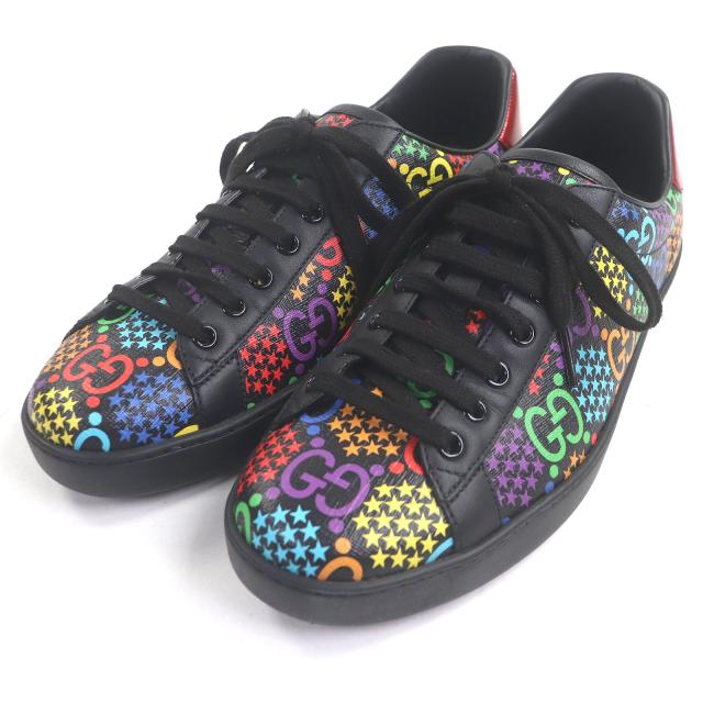 極美品□GUCCI グッチ 610085 レザー GGロゴ スター 総柄 ローカットスニーカー ブラック マルチカラー 7 箱・保存袋付き イタリア製