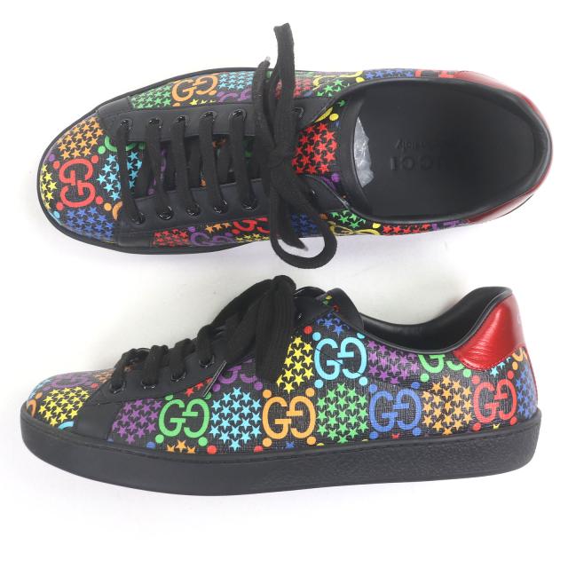 極美品□GUCCI グッチ 610085 レザー GGロゴ スター 総柄 ローカットスニーカー ブラック マルチカラー 7 箱・保存袋付き イタリア製 メンズ 極美品□GUCCI グッチ 610085 レザー GGロゴ スター 総柄 ローカット