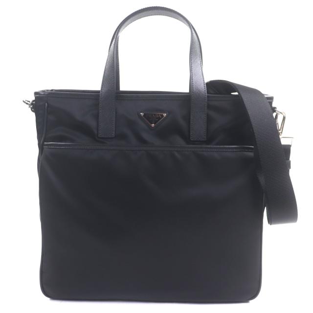 極美品▼PRADA プラダ 2VG032 ナイロン サフィアーノレザー トライアングルロゴ 三角プレート 2WAY トートバッグ ブラック 保存袋付き