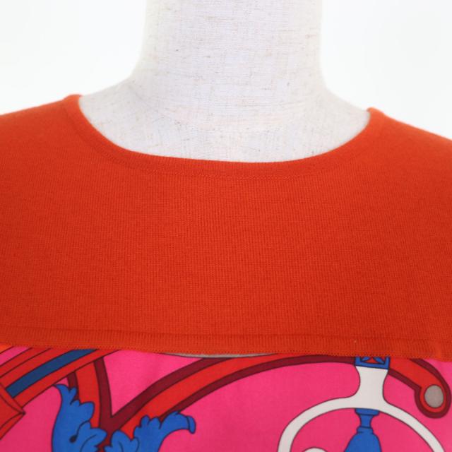 極美品◇HERMES エルメス ウール100％ シルク切替 ツイルレーヌ 総柄 ベルト付 ノースリーブ ワンピース オレンジ マルチ 36 イタリア製_3