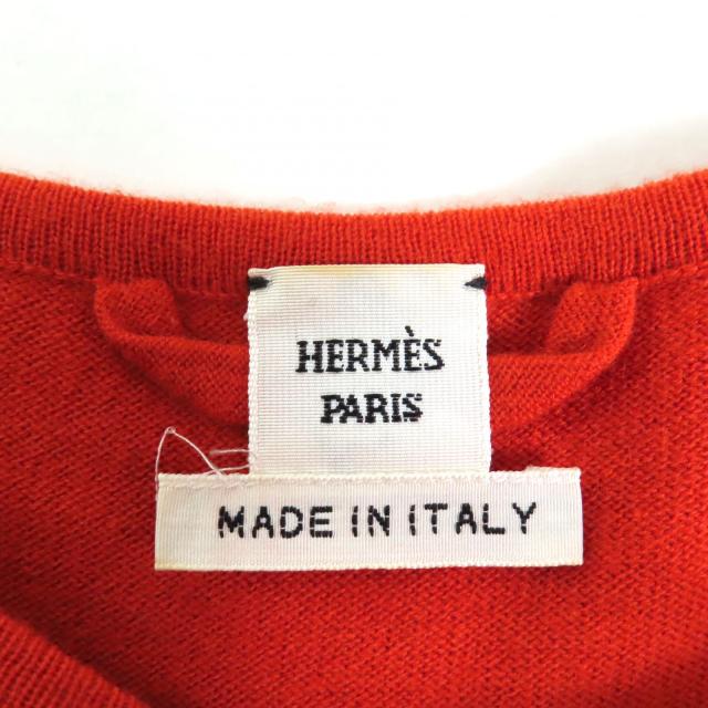 極美品◇HERMES エルメス ウール100％ シルク切替 ツイルレーヌ 総柄 ベルト付 ノースリーブ ワンピース オレンジ マルチ 36 イタリア製_5
