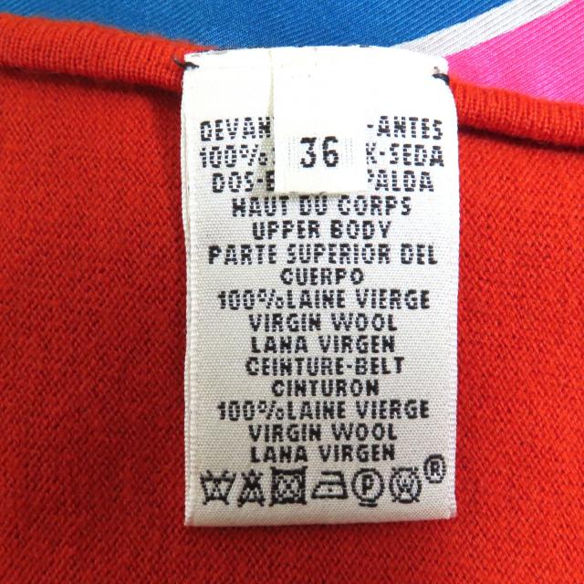 極美品◇HERMES エルメス ウール100％ シルク切替 ツイルレーヌ 総柄 ベルト付 ノースリーブ ワンピース オレンジ マルチ 36 イタリア製_6