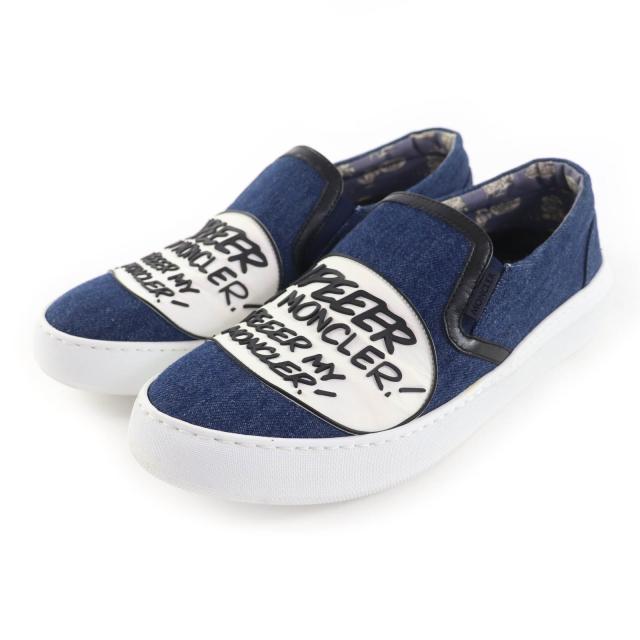美品★MONCLER モンクレール ロゴデザイン レザー使い デニム スリッポン スニーカー インディゴ 39 箱・保存袋付 イタリア製 レディース