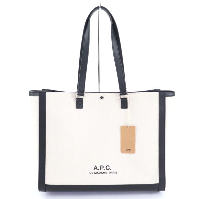 極美品◇A.P.C. アーペーセー M61802 COEYO コットン リネン レザー使い ロゴ金具 2WAY 大型 ショルダー/トートバッグ 袋付き レディース