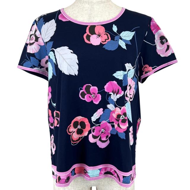 美品▲LEONARD FASHION レオナール ファッション 399626 コットン100％ 花柄 半袖Ｔシャツ ネイビー 44 日本製 正規品 レディース