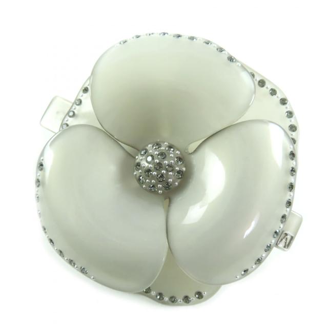 極美品◇ALEXANDRE DE PARIS アレクサンドル ドゥ パリ クリスタル カメリアモチーフ ストーン装飾 バレッタ グレー 保存袋付 フランス製