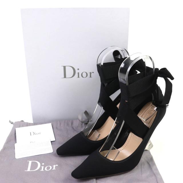 美品△Christian Dior クリスチャンディオール ディオール エトワール グログランリボン ロゴ ウェッジソール クリアヒール 黒 36.5 箱付_1