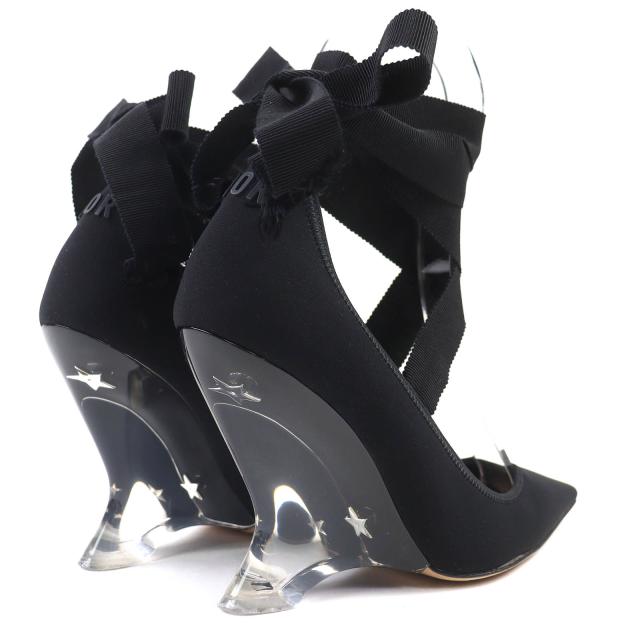 美品△Christian Dior クリスチャンディオール ディオール エトワール グログランリボン ロゴ ウェッジソール クリアヒール 黒 36.5 箱付_6