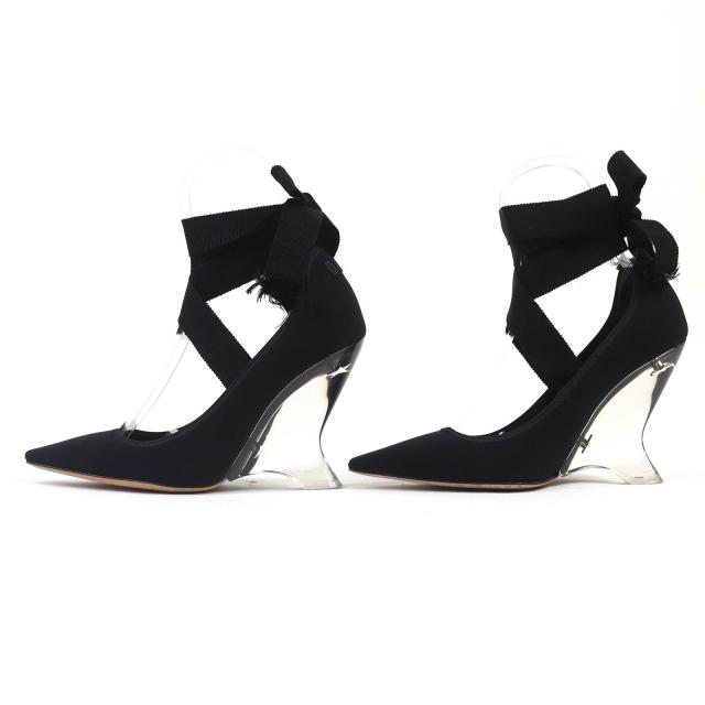 美品△Christian Dior クリスチャンディオール ディオール エトワール グログランリボン ロゴ ウェッジソール クリアヒール 黒 36.5 箱付_2