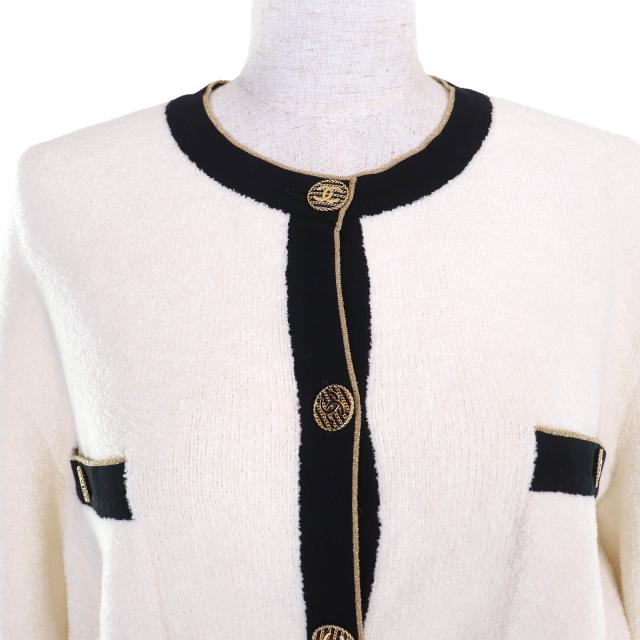 極美品△CHANEL シャネル P60477 ココマークボタン コットン パイル地 ニット カーディガン ホワイト ブラック ゴールド 40 イタリア製_3