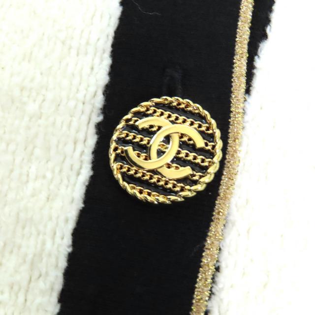 極美品△CHANEL シャネル P60477 ココマークボタン コットン パイル地 ニット カーディガン ホワイト ブラック ゴールド 40 イタリア製_4