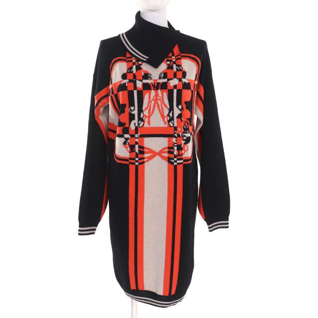 未使用品△HERMES エルメス 23AW 3H2502DD BRIDES de GALA ブリッド・ドゥ・ガラ 式典用馬勒 カシミヤ100％ ロング ニット ワンピース 34
