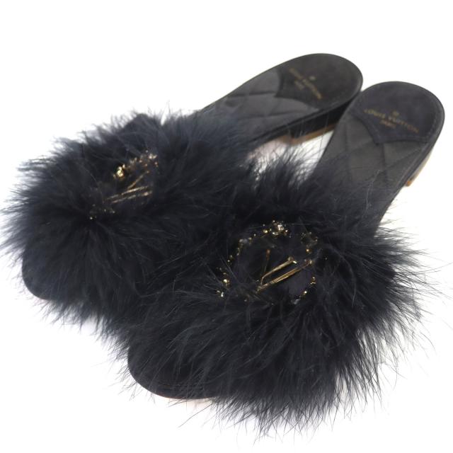 極美品△LOUIS VUITTON ルイヴィトン LVロゴ ビジュー フェザー ミュール サンダル ブラック ゴールド 37 イタリア製 レディース