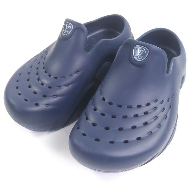 美品□LOUIS VUITTON ルイヴィトン LV シャーク・ライン モノグラム ラバーサンダル フラットシューズ ネイビー 6 保存袋付き イタリア製