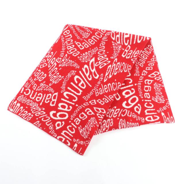 極美品★BALENCIAGA バレンシアガ 583121 ロゴ総柄 大判 マフラー ストール レッド ホワイト S イタリア製 正規品 レディース