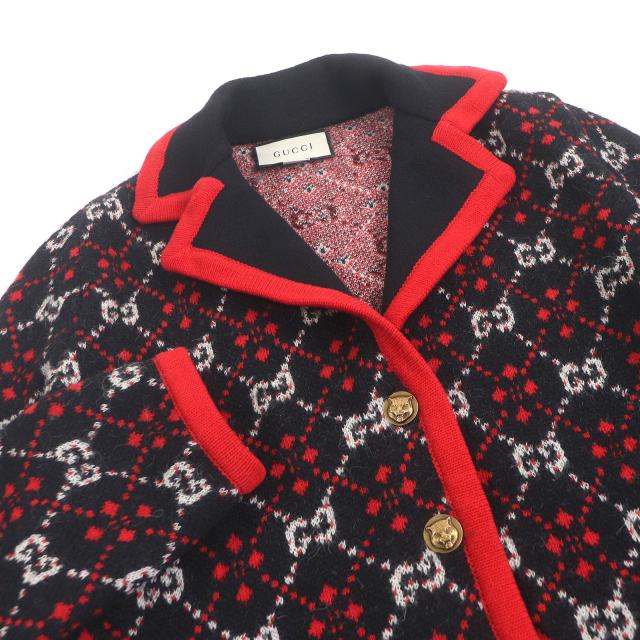 美品□GUCCI グッチ 543433 アルパカ ウール タイガーヘッド金ボタン GGジャガード ニットカーディガン ブラック S　イタリア製 正規品_1