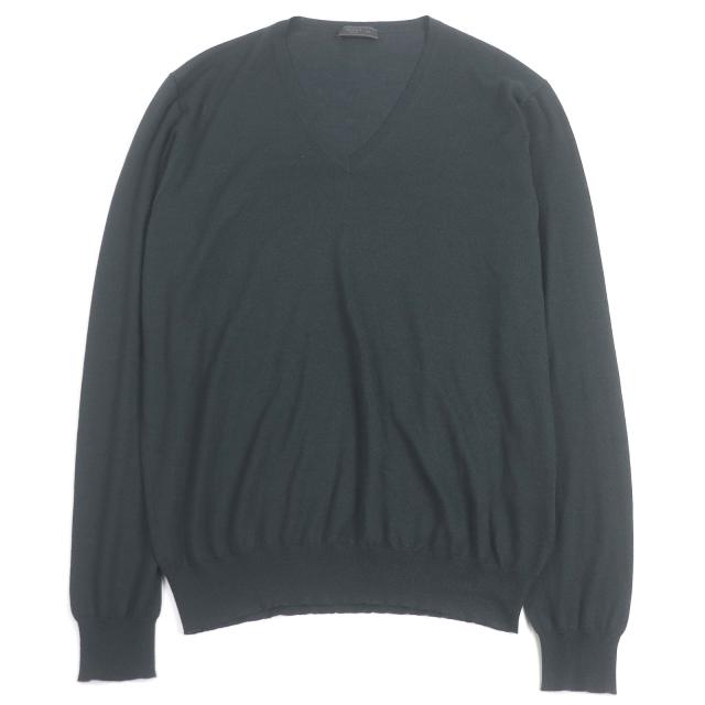 美品□PRADA プラダ 2022年製 UMB221 カシミヤ100％ Vネック 薄手 長袖ニット セーター ダークグリーン 54 イタリア製 正規品 メンズ