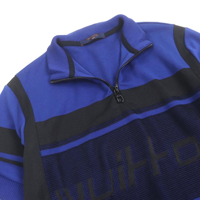 美品□LOUIS VUITTON ルイヴィトン ジャガード サイクリング Tシャツ ハーフジップ 半袖ニット ブルー ブラック S イタリア製 正規品_1