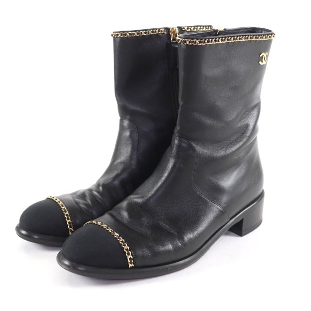 美品★CHANEL シャネル G37826 ココマーク金具付 チェーン装飾 サイドZIP レザー ショートブーツ ブラック 38 イタリア製 レディース