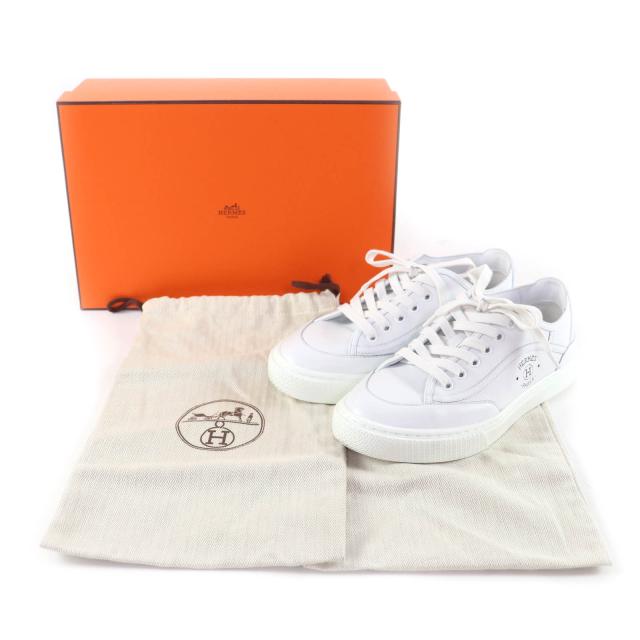 美品★HERMES エルメス ゲット ロゴデザイン レースアップ レザー スニーカー ホワイト 35.5 箱・保存袋付き イタリア製 レディース 美品☆HERMES エルメス ゲット ロゴデザイン レースアップ レザー
