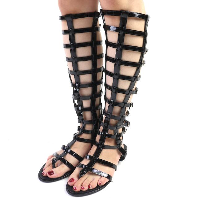 極美品△CHANEL シャネル パテントレザー ベルトデザイン グラディエーター ロング サンダル 希少 ブラック 37.5 箱・保存袋付き 伊製