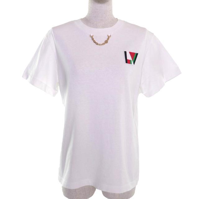極美品△LOUIS VUITTON ルイヴィトン 24SS コットン100％ LVチェーン ロゴワッペン クルーネック 半袖Ｔシャツ ホワイト S 伊製 正規品