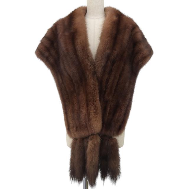 極美品▲MITSUKOSHI ミツコシ セーブル SABLE 房付き 大判 本毛皮ショール ブラウン レディース