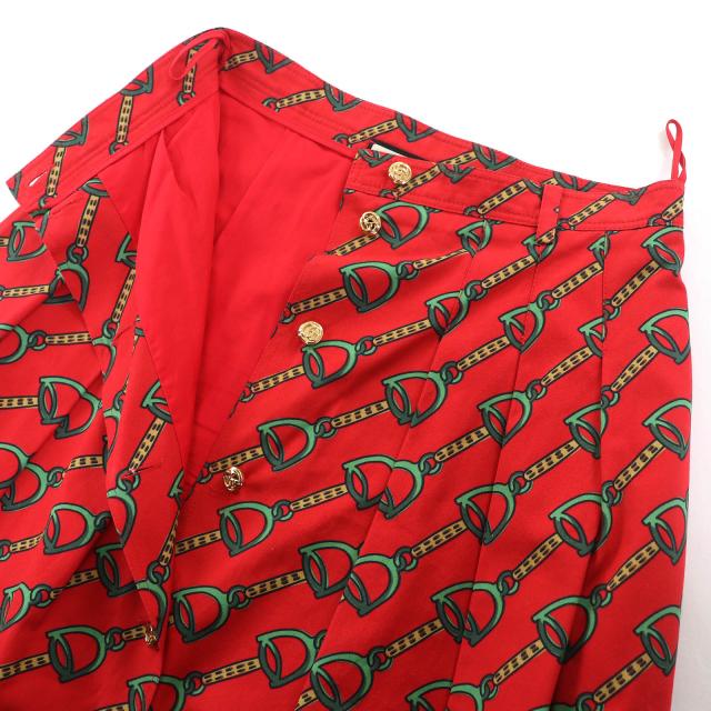 極美△GUCCI グッチ 560915 Horsebit Midi Pleated long Skirt ホースビット柄 GGボタン ロング タック フレアスカート レッド 38 正規品_3