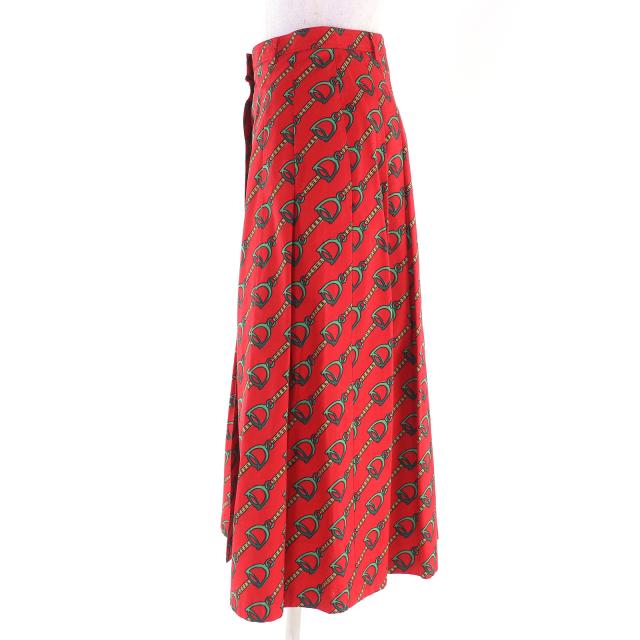 極美△GUCCI グッチ 560915 Horsebit Midi Pleated long Skirt ホースビット柄 GGボタン ロング タック フレアスカート レッド 38 正規品_1
