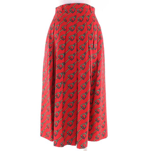 極美△GUCCI グッチ 560915 Horsebit Midi Pleated long Skirt ホースビット柄 GGボタン ロング タック フレアスカート レッド 38 正規品_2
