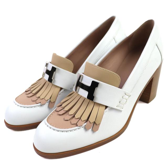 未使用品△HERMES エルメス コンスタンス エリゼ 70 シルバー金具 レザー パンプス チャンキーヒール ホワイト ベージュ 36.5 袋付 伊製