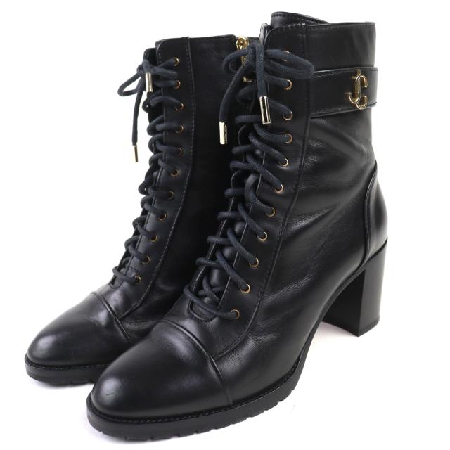 美品△JIMMY CHOO ジミーチュウ JCロゴ サイドジップ レースアップ レザー アンクルブーツ ショートブーツ ブラック 38 伊製 レディース