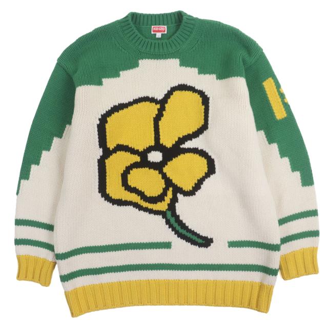 美品▼KENZO ケンゾー FC65PU3143BD IntarsiaWoolSweater ウール100% フラワー クルーネック ローゲージニットセーター M 正規品 メンズ