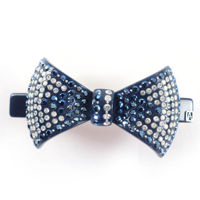 極美品☆ALEXANDRE DE PARIS アレクサンドル ドゥ パリ クリスタル リボンバレッタ ヘアアクセサリー ネイビー系 保存袋付 フランス製