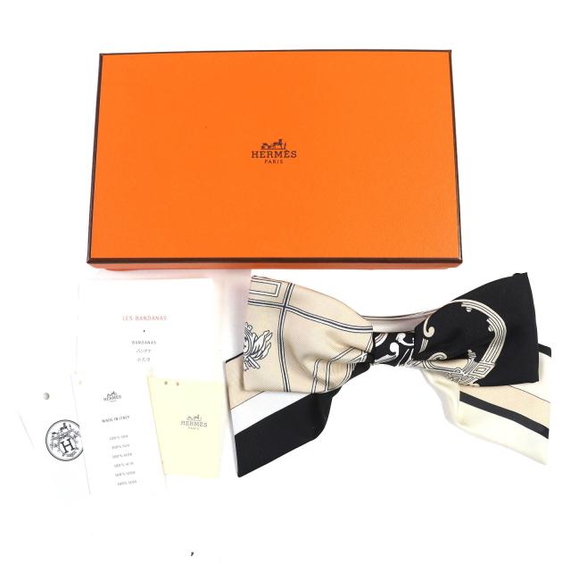 未使用品△HERMES エルメス グルネル エクスリブリス バレッタ シルク100％ シルバー金具 リボン付 ヘアアクセサリー ブラック ベージュ_1