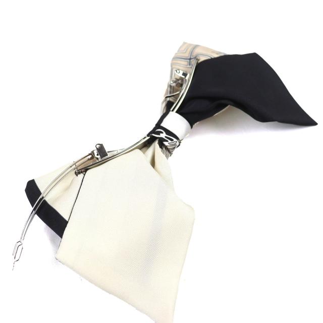 未使用品△HERMES エルメス グルネル エクスリブリス バレッタ シルク100％ シルバー金具 リボン付 ヘアアクセサリー ブラック ベージュ_4