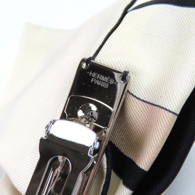 未使用品△HERMES エルメス グルネル エクスリブリス バレッタ シルク100％ シルバー金具 リボン付 ヘアアクセサリー ブラック ベージュ_6