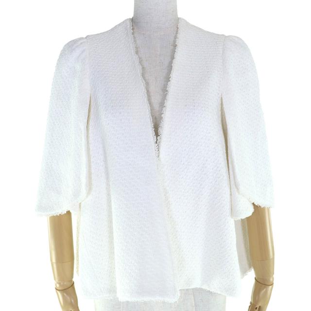 極美品△DRAWER ドゥロワー 6522-299-0972 コットン100％ 五分袖 ノーカラー フリンジ ニットジャケット ホワイト 36 日本製 正規品