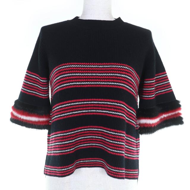 美品☆FENDI フェンディ FZY680 ウール カシミヤ ミンクファー使い ボーダー柄 ニット ブラック レッド 36 イタリア製 正規品 レディース