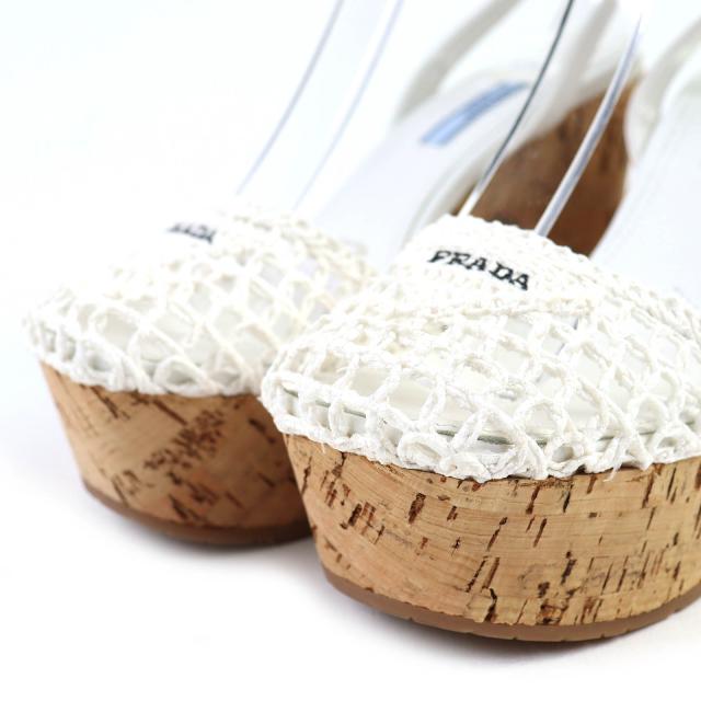 極美品△PRADA プラダ 1XZ753 トライアングルロゴ レースアップ クロシェ ウェッジサンダル/ラフィアサンダル ホワイト 36 イタリア製_3