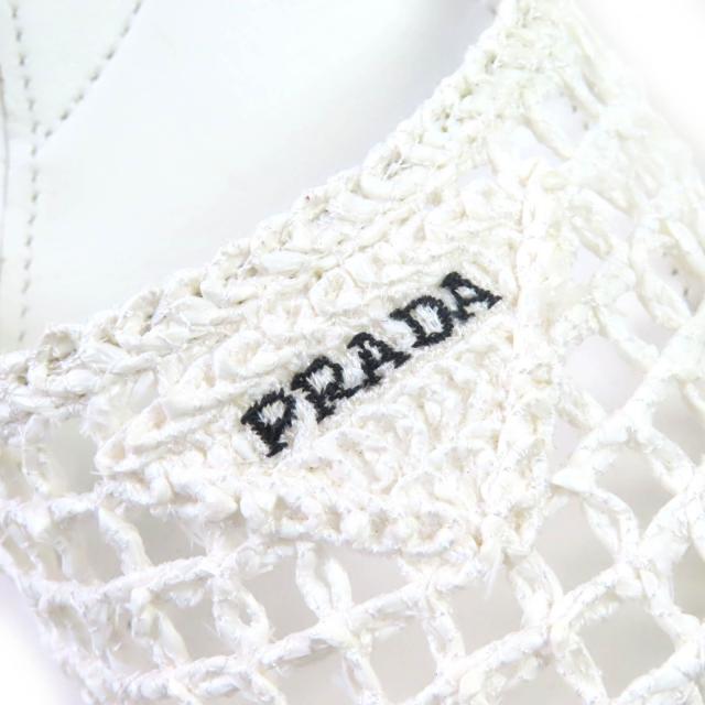 極美品△PRADA プラダ 1XZ753 トライアングルロゴ レースアップ クロシェ ウェッジサンダル/ラフィアサンダル ホワイト 36 イタリア製_7