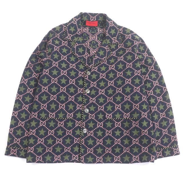 美品□GUCCI グッチ 576610 コットン100％ GGロゴ スター 総柄 シングル テーラードジャケット ネイビー 50 イタリア製 正規品 メンズ