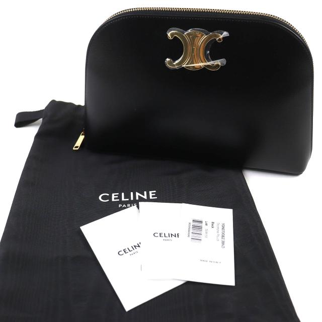 未使用品△CELINE セリーヌ 10N073GEZ カーフスキン トリオンフ ラウンドファスナー ポーチ ブラック ゴールド金具 保存袋付 レディース_1